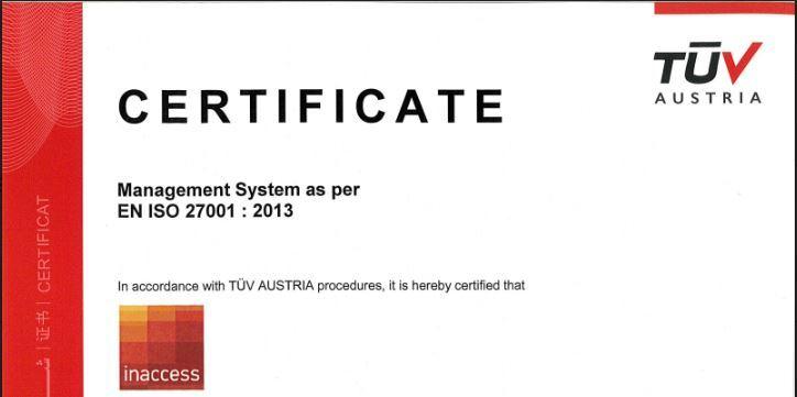 Inaccess receives ISO27001:2013-certification by TUV Austria.